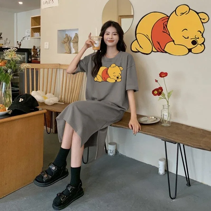 Miniso THE POOH Bear T-shirt Dress WINNIE  Anime Cartoon 40-90kg Fat Large Size Short Sleeved Loose Midlength Knee Slit Skirts