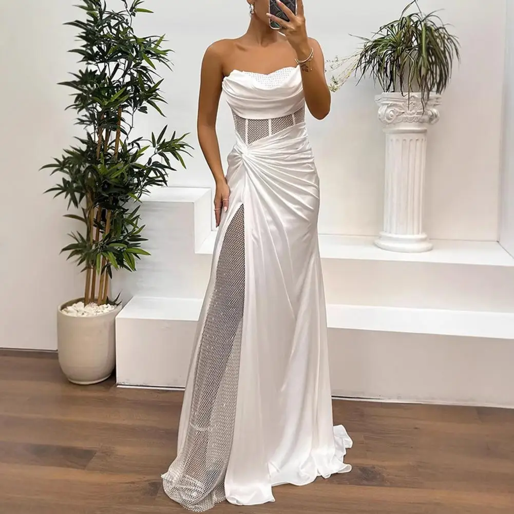 

Women Satin Dress Elegant Off Shoulder Sequin Ball Gown for Prom Banquet Evening Events Satin Maxi Dress with Pleated Knot