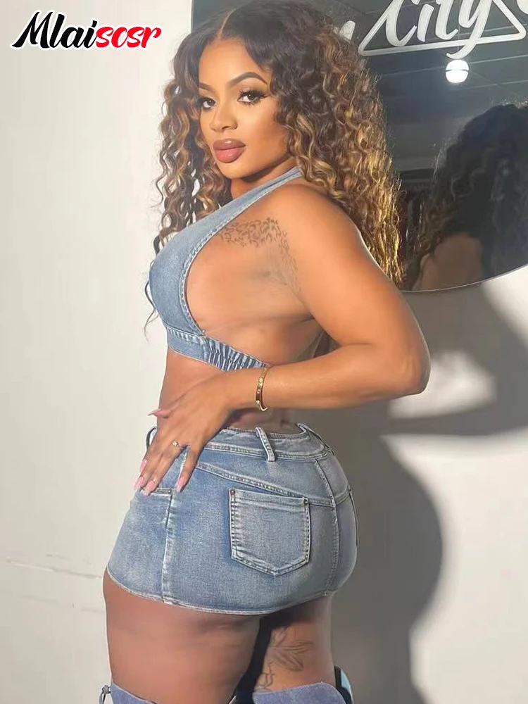 Mlaiscsr Women Sleevless Halter Crop Top and Mini Skirts Denim Outfits Sexy Beach Club Blue Backless Bodycon Jean Two Piece Sets