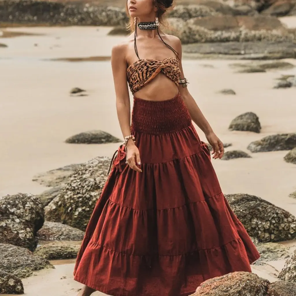 

New European And American Style Casual Long Skirt Artistic Retro Loose Fit Solid Color with Large Pockets Two-Way Wrap Design