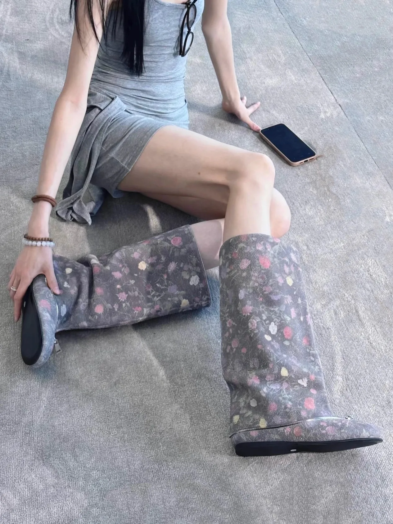 

Niche Design Zippered Stacked Boots Sweet and Cool Ballet Knee-High Botines Flat-Soled Round-Toe Mid-Calf Botas Femininas