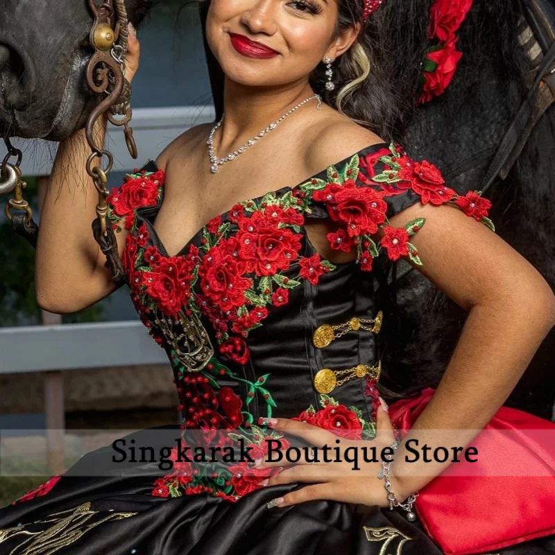 

black Off Shoulder Quinceanera Dress Tull layering 3D flower vestidos de 15 Quinceanera ﻿Customized