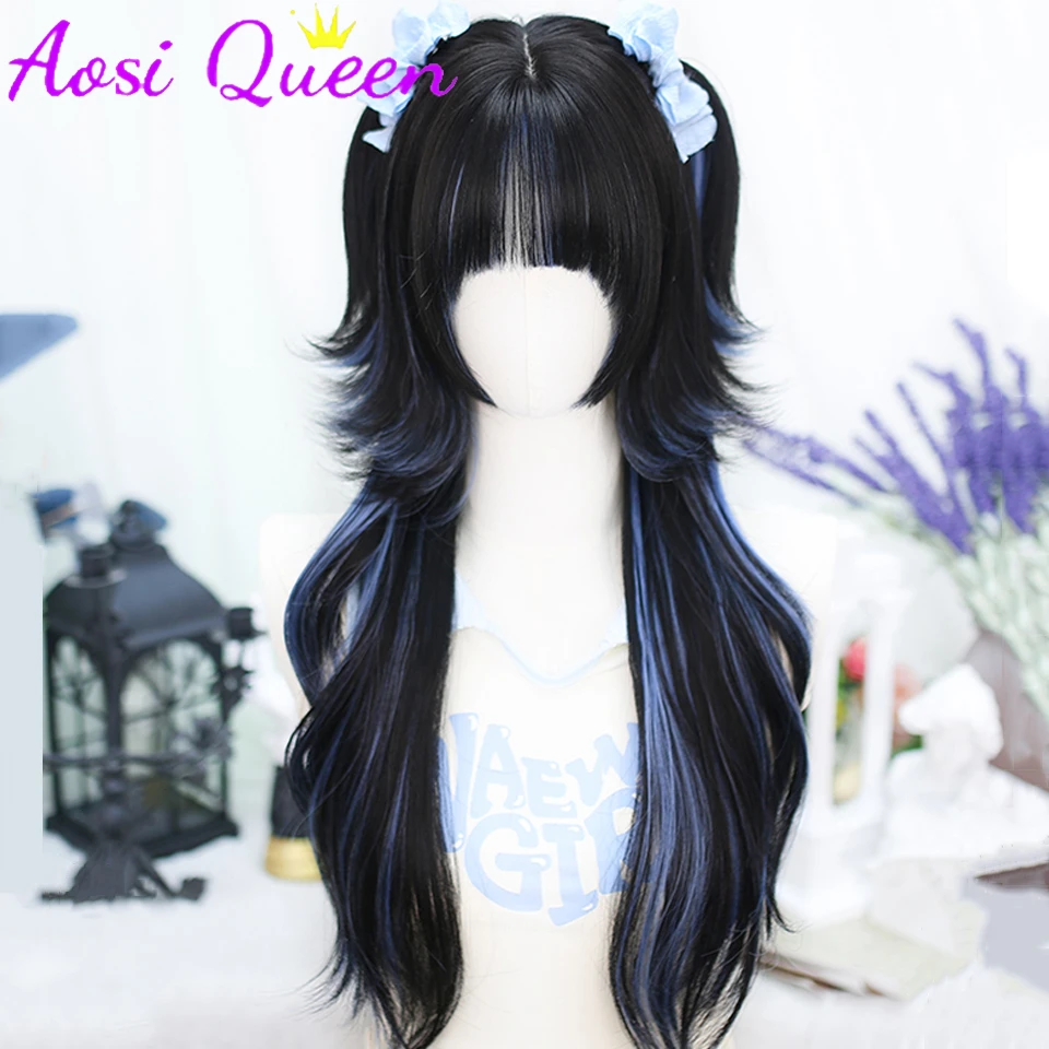 AS Long Lolita Ombre Harajuku Wig With Bang Highlight Blue Wave Curly Cosplay Wig Heat Resistant Synthetic Jellyfish Head Wigs