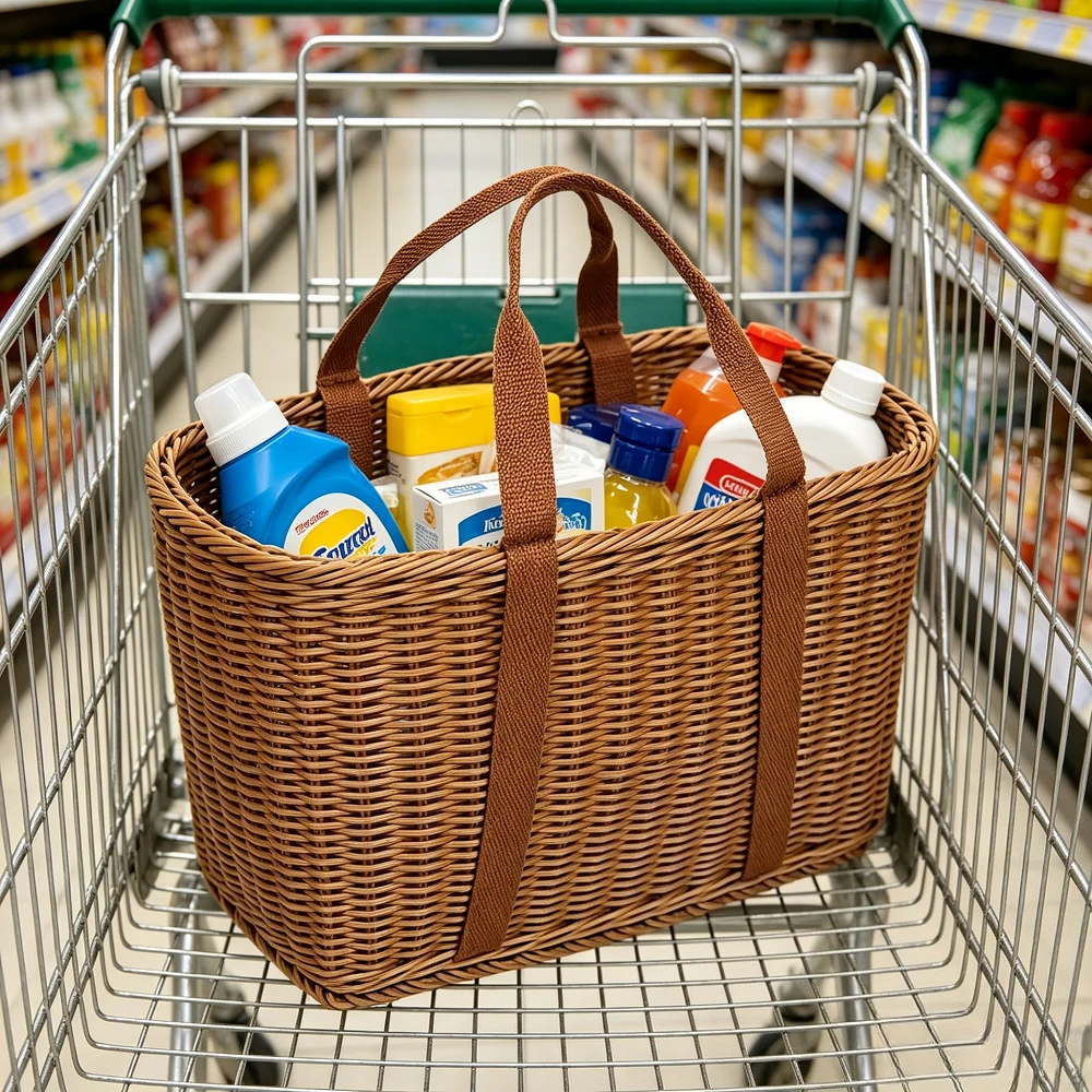 Handmade Imitation Rattan Woven Shopping Basket Large Capacity Tote for Grocery Picnic Fruit Vegetable Kitchen Storage Organizer view 3