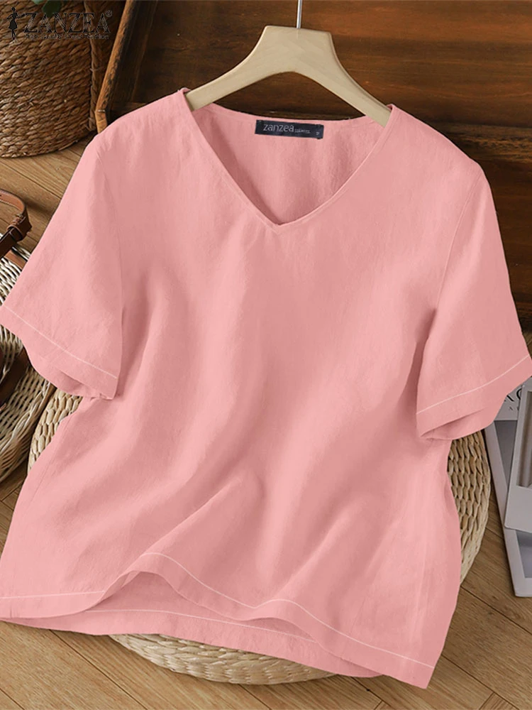 

2025 ZANZEA Summer Blouses Women V Neck Short Sleeve Work OL Shirt Elegant Solid Tunic Tops Casual Holiday Blusas Loose Chemise