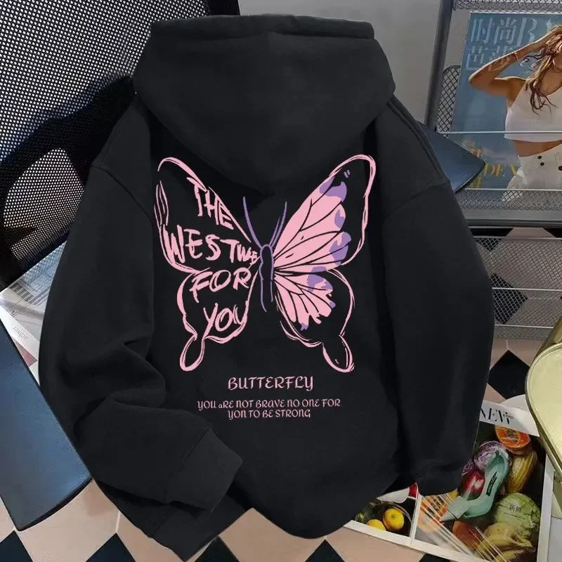 

Новый стиль с принтом бабочки 2025 года, американская толстовка с капюшоном для мужчин и женщин, осенне-зимний уличный тренд, свободный повседневный топ