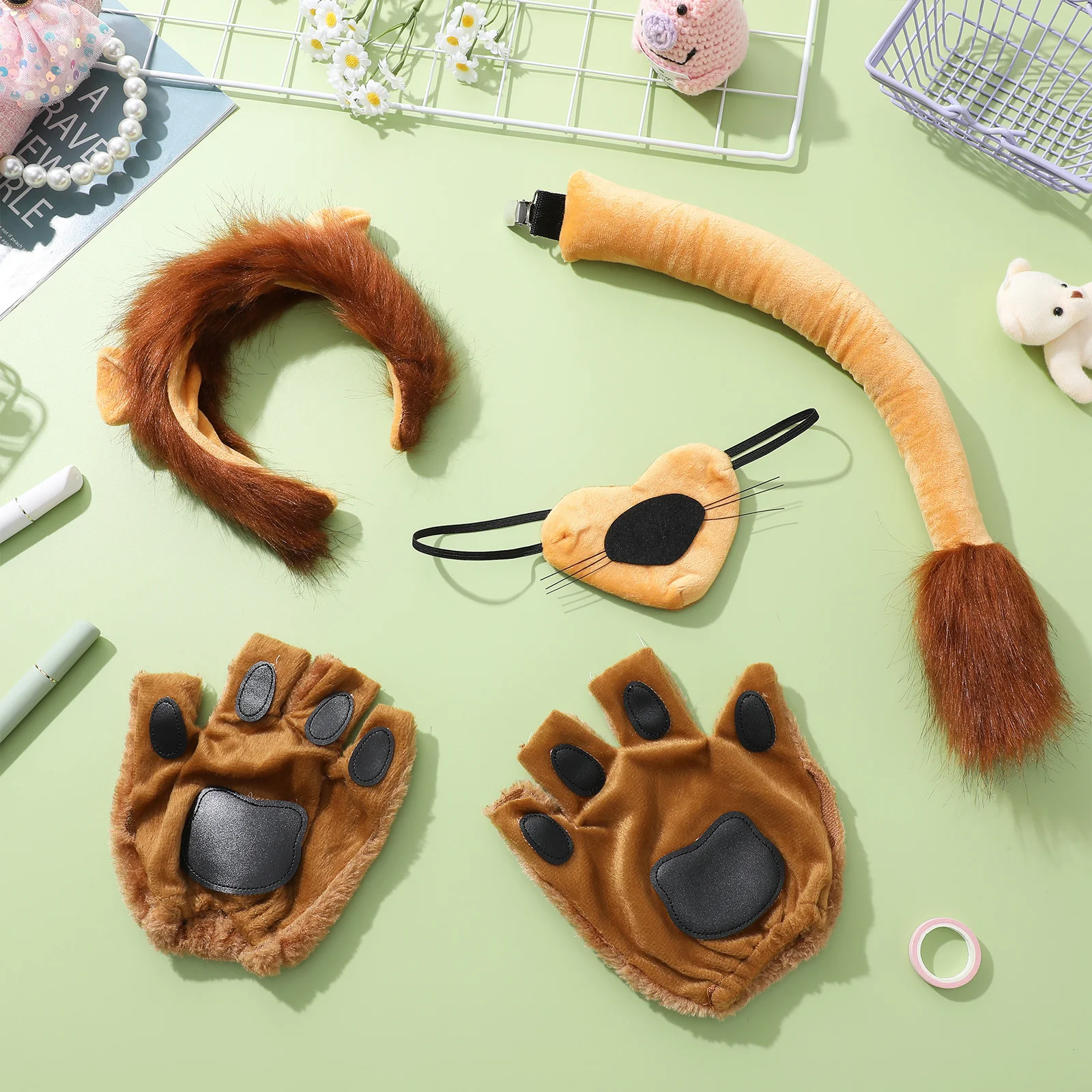 1 ensemble d'accessoires de Costume de Lion, Kit complet, bandeau, oreilles, nez, queue, pattes, gants pour Halloween, fête Cosplay animale, thème Jungle