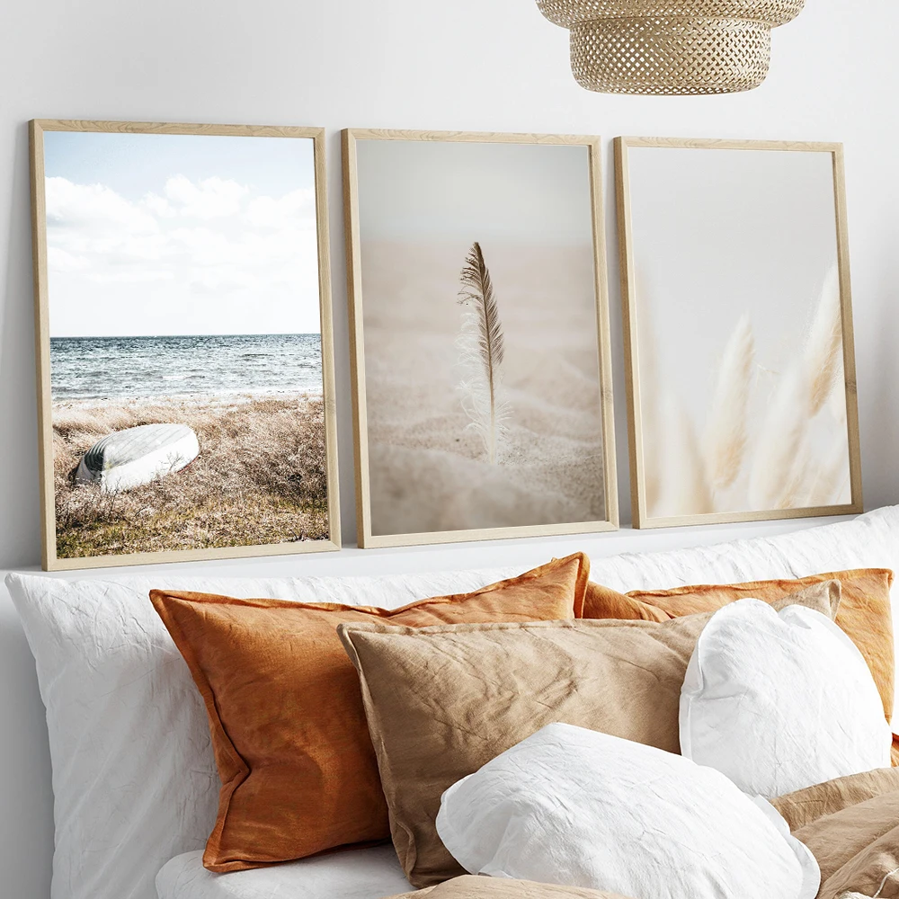 Cream Themed Beach Sunset Posters Neutral Canvas Painting Pampas Grass Wall Art Print Pictures for Living Room Home Decoration