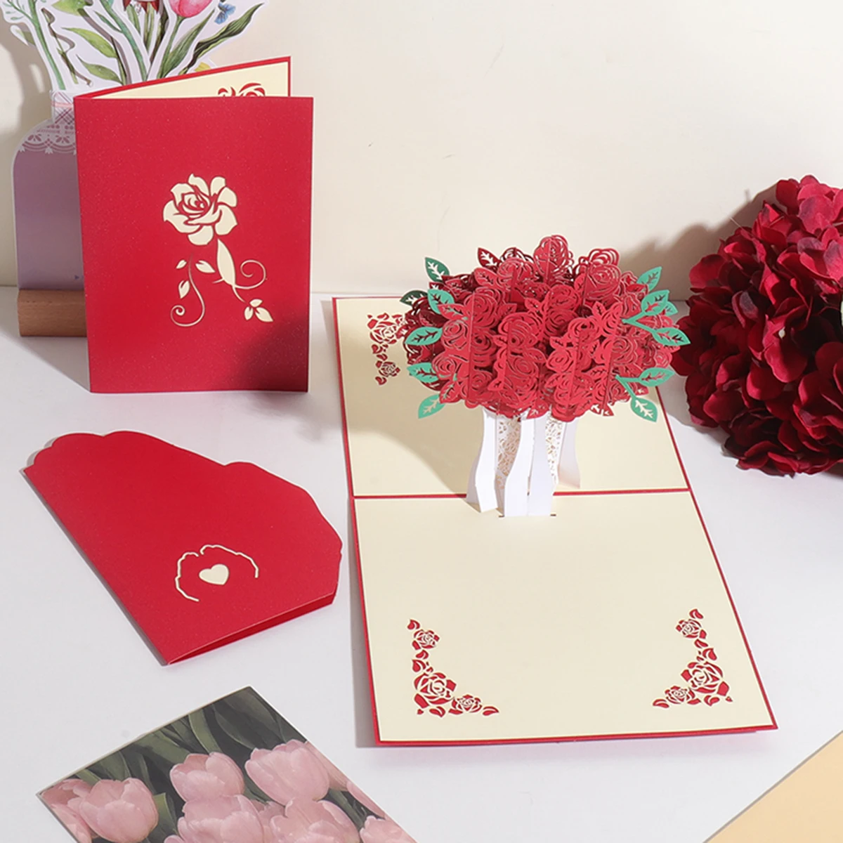 

3D Pop-Up Love Heart Rose Card, Valentine's Day Anniversary Message Confession Card, Handmade Paper Sculpture Gift Envelop