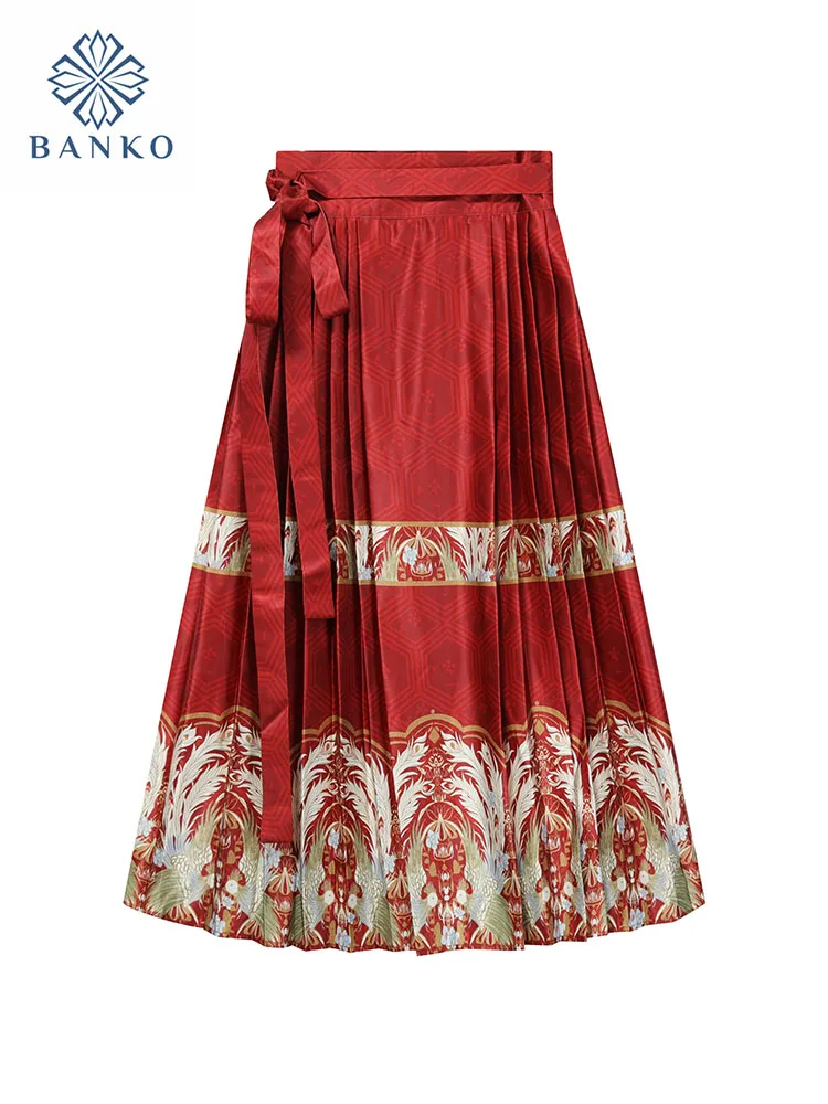 

Harajuku Red Pleated Skirts Formal Occasion Luxury Fashion Vintage Lace Up A-Line Skirts Hand-Painted Graphic New Chinese Style