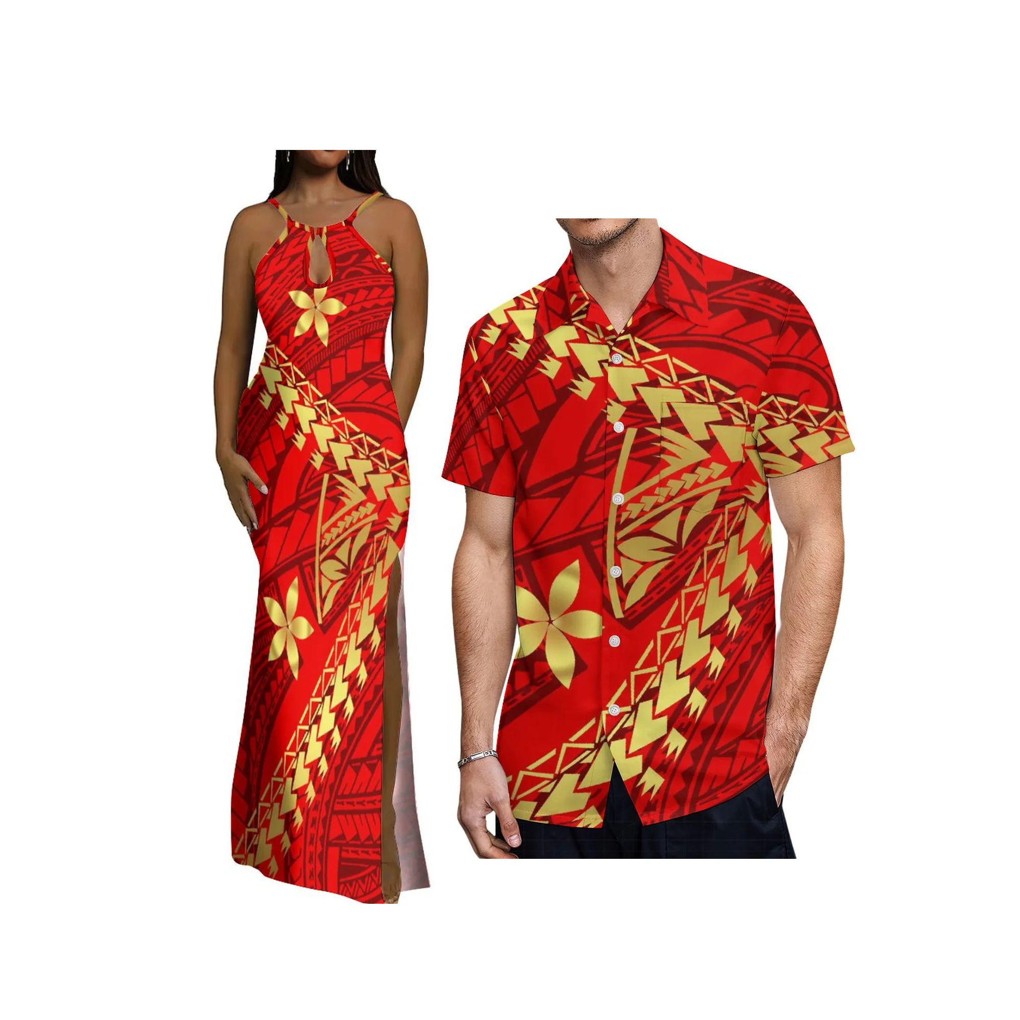 

High Quality Customized Red Sleeveless Sling Evening Dress Samoan Polynesian Tribal Water Drop Design Gowns Maxi Slit Slim Dress