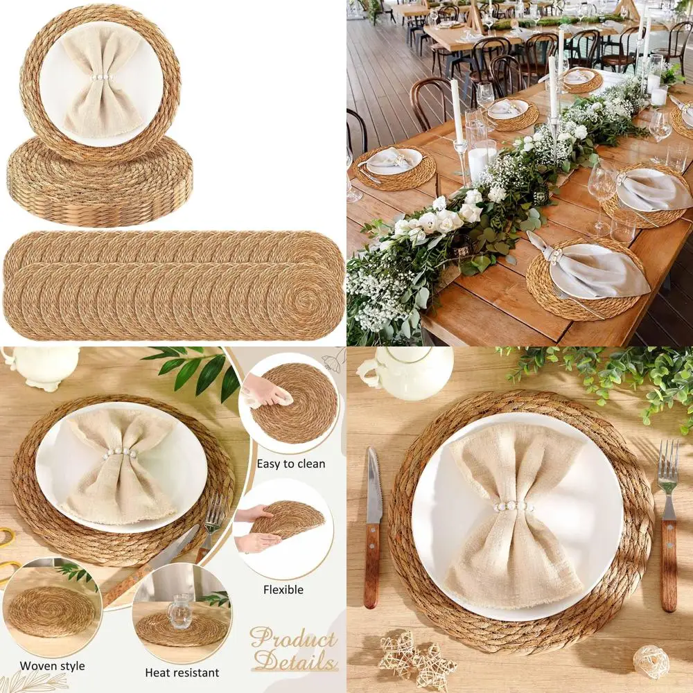 

Набор из 50 круглых плетеных подставок под тарелки из рогоза с жемчужными кольцами для салфеток, натуральные деревенские подставки для оптовых закупок или свадебных торжеств, диаметр 12 дюймов