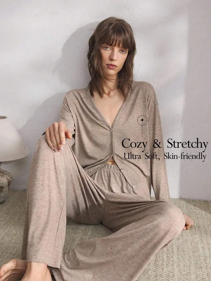 

Minimalist V-Neck Button-Front Soft Pajama Set for Women