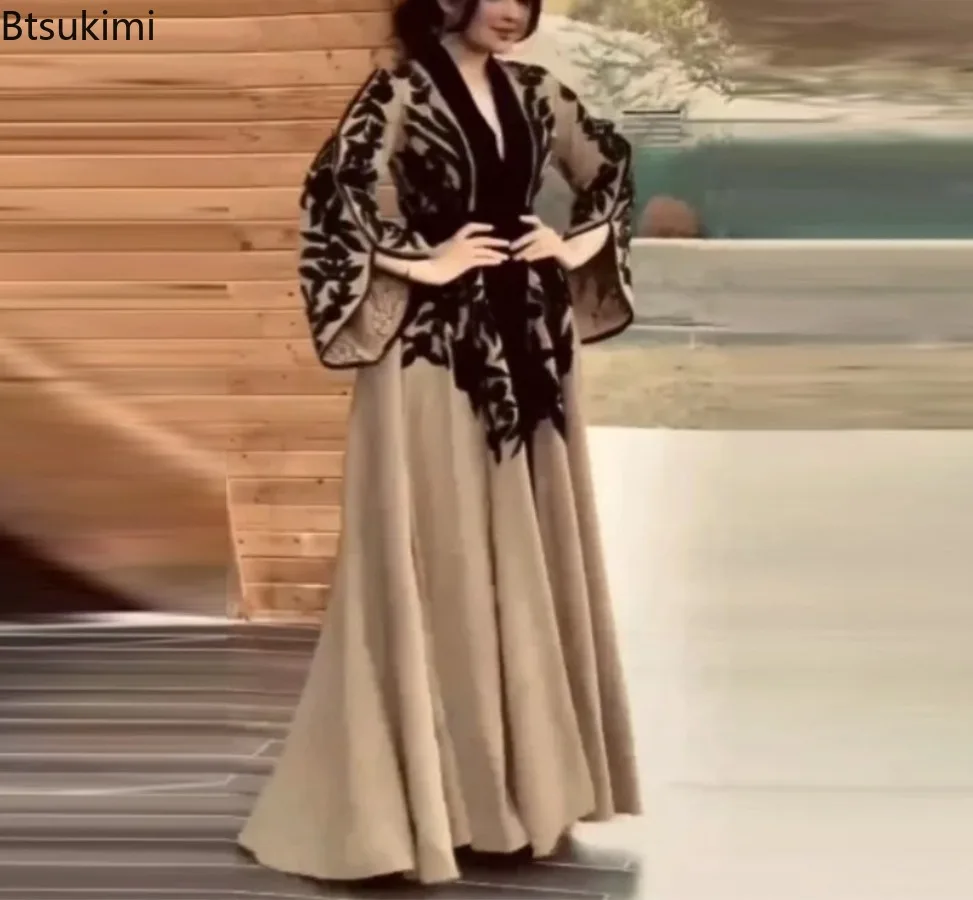 2024 Women's Summer Long Skirt Dress Elegant Clashing Printed Loose Casual V-Shaped Collar Bat Sleeve Waist Midi A-Line Dress