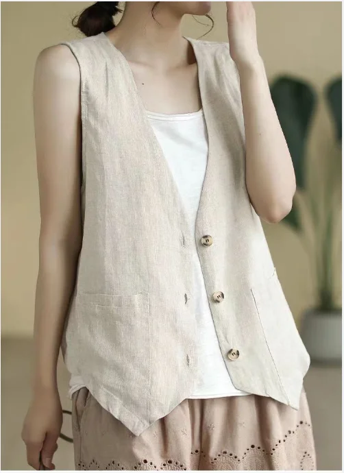 Chaleco de lino para mujer, cárdigans informales sin mangas, chaqueta holgada fina informal con botones, Top, ropa de calle para mujer, chaleco, abrigo
