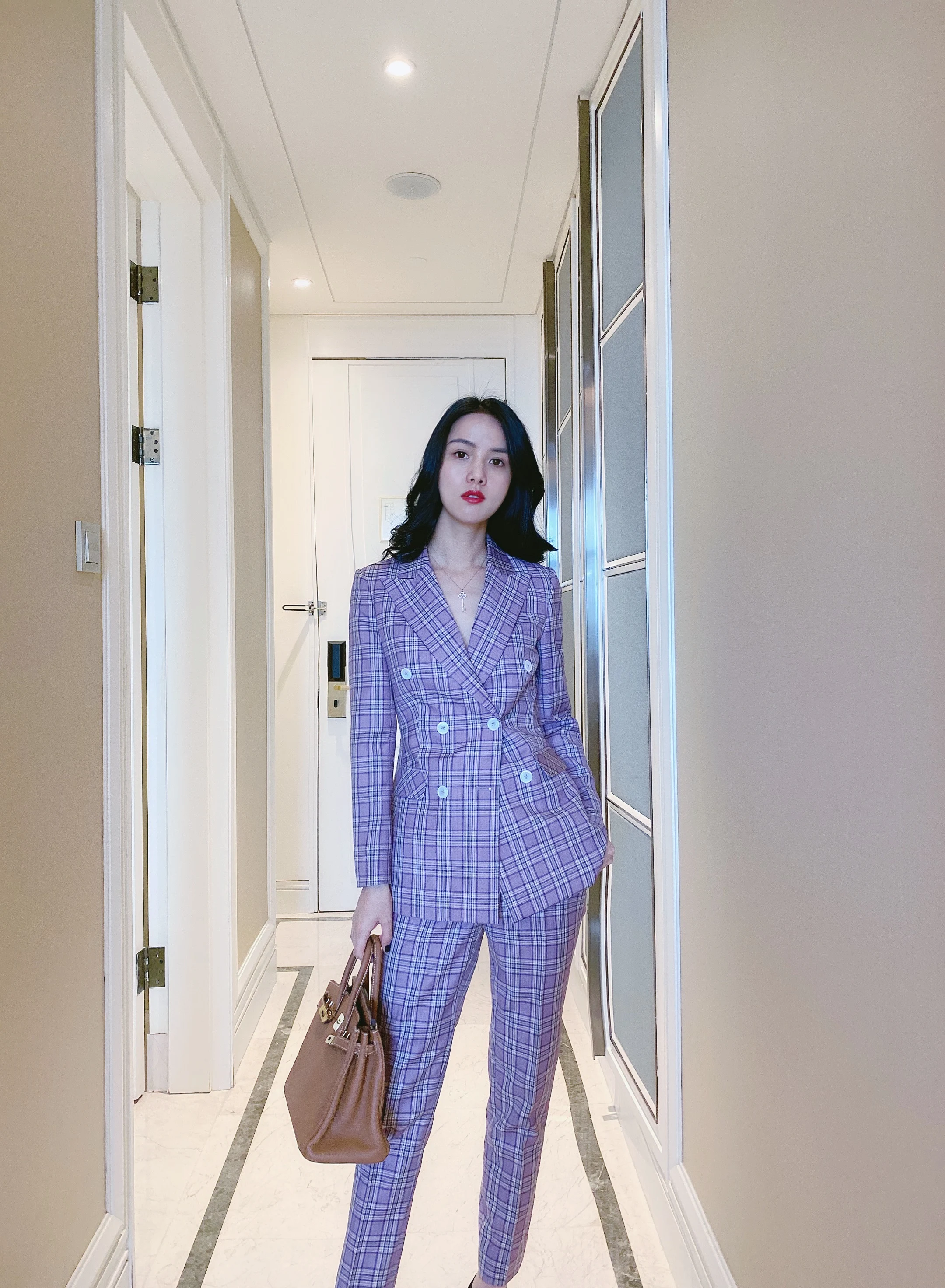 

2020 New Autumn Purple Plaid Slim Fit Woolen Suit Set for Women Original Design Long Sve Double Breasted Regular Length