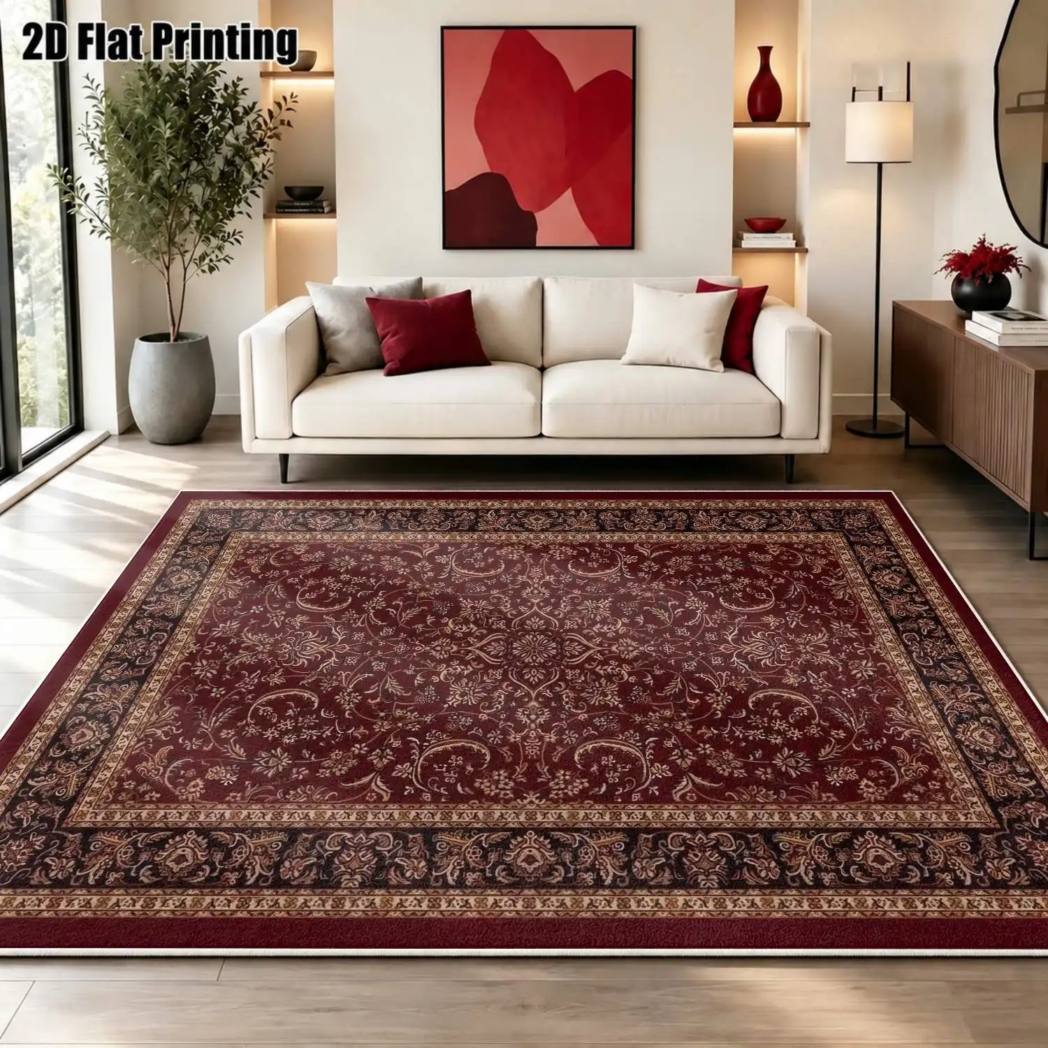 1Pc 2D Printed Burgundy Retro Floral Velvet Carpet, Multi-Size, Machine Washable, for Entrance, Dining, Foyer, Living Room, Bedroom