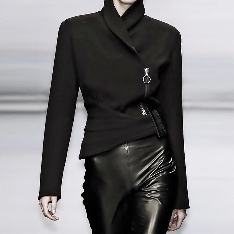 

Modigirl Woman Autumn Winter Formal Evening Asymmetric Jackets 2025 New Long Sleeves Black Zipper Urban Casual Women's Outerwear