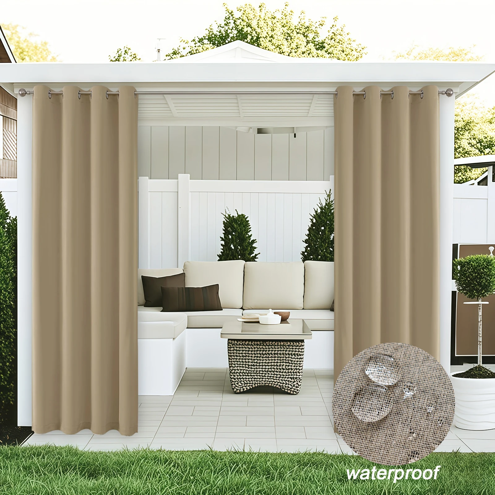 1panel 100% Blackout Waterproof Outdoor Curtain, Faux Linen Curtains for Garden Patio Porch Bedroom Living Room Pergola Cabana