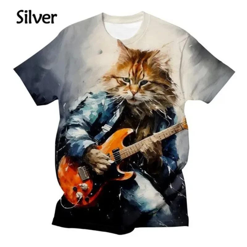 Cat Playing Guitar 3d Printed T-shirts Street Hip-hop Tshirt Casual Cool T-shirt  Cosplay Men\'s Clothing Haikyuu T-shirt for Men