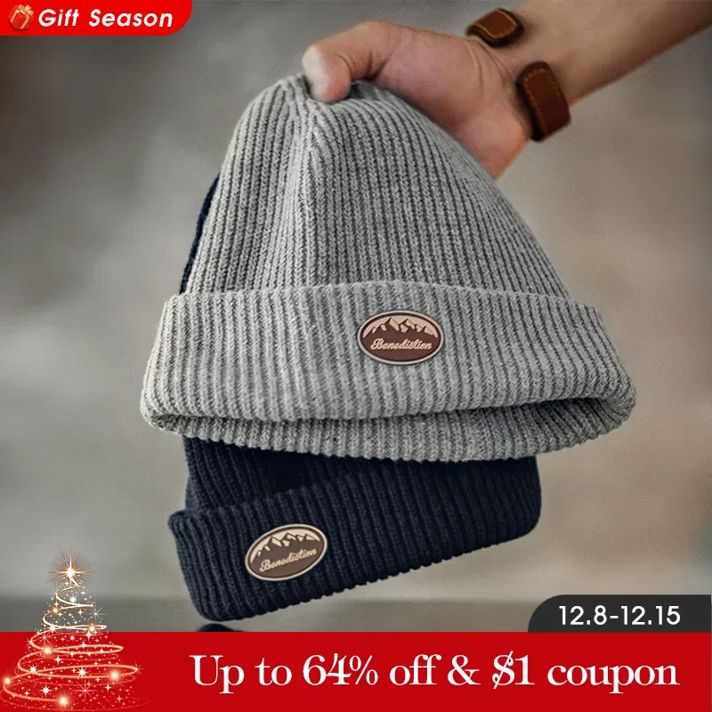 Maden Winter Knitted Wool Caps Men\'s Vintage All-match Melon Skin Hat Thick Casual Bonnet Unisex Cap Warmer Female Beanie Hats