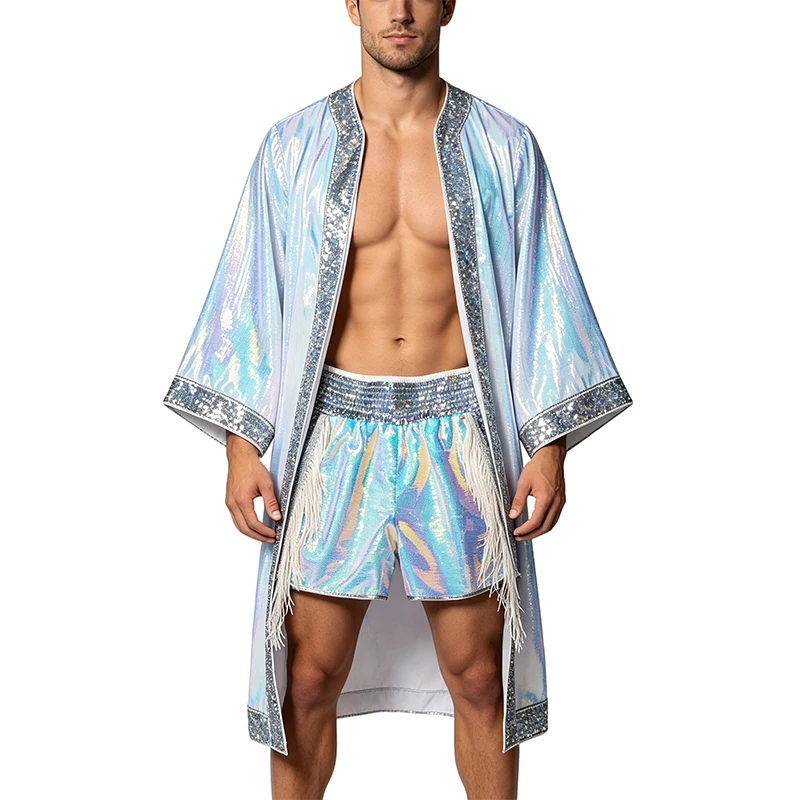 Iridescent Holographic Sequin Boxing Entrance Robe Boxing Shorts Long Sleeve Fight Robe Sparkly Boxing Gown Training Competition