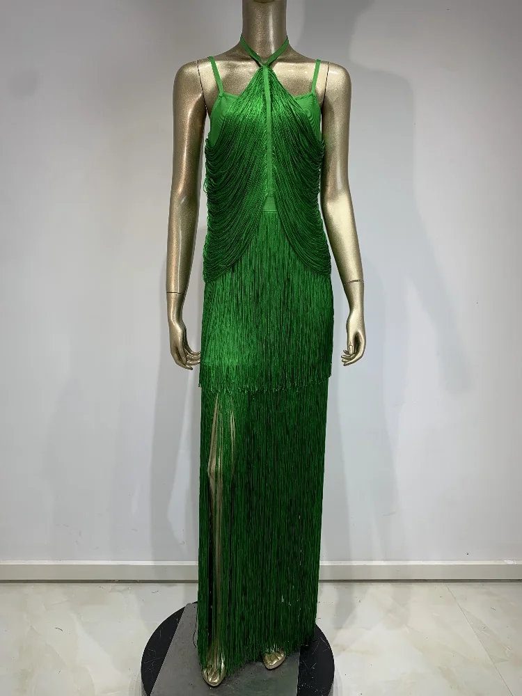 Brand Summer New 2024 INS Celebrity Sexy Tassel Green Bodycon Bandage Dress Elegant High Street Party Evening Maxi Dress