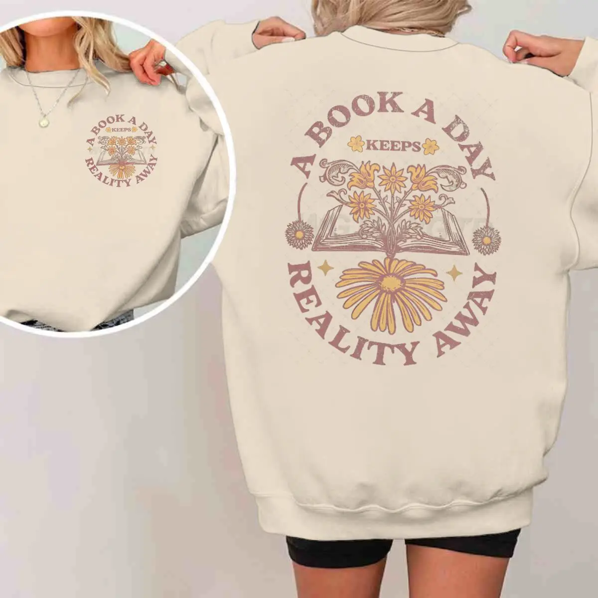 

Book Lover Sweatshirt "A Book A Day" Funny Quote Bookish Gift Vintage Floral Print Top Floral & Book Print Woman Clothes