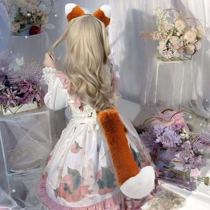 Kobiety Śliczna pluszowa opaska na uszy lisa Długi puszysty ogon lisa Regulowany futrzany ogon wilka Odgrywanie ról Anime Kostium Cosplay