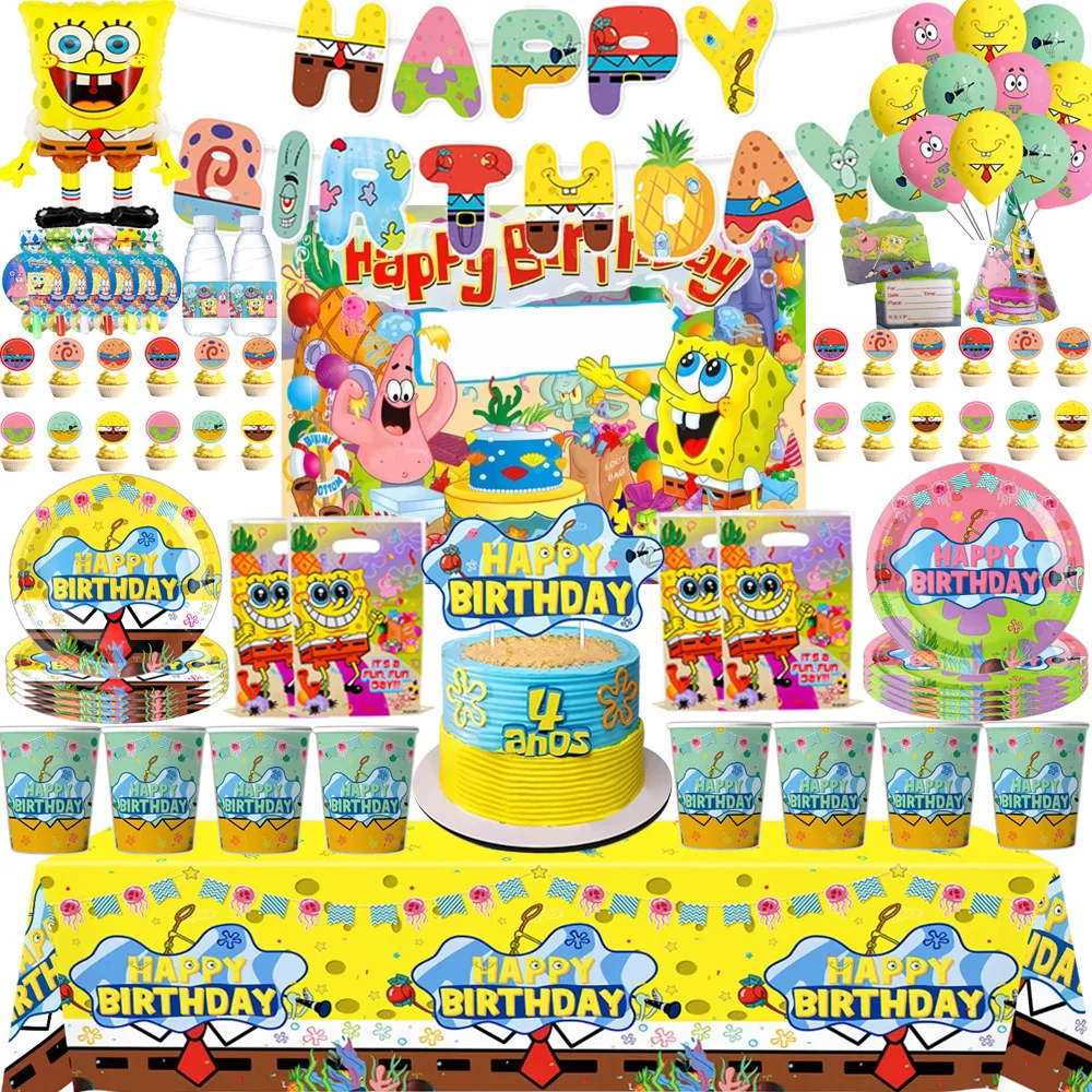 Sponge-Bob Birthday Party Decor Disposable Tableware Balloon Paper Plates Napkin Cake Baby Shower Kids Toys Favor Party Supplies