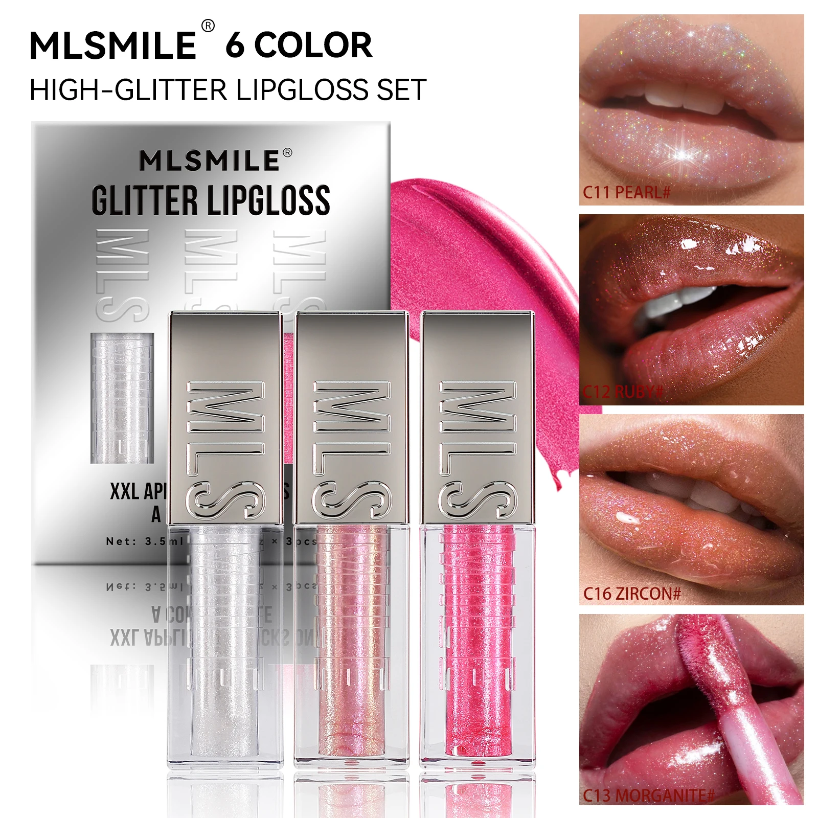 MLSMILE burst flash lip glaze set, large brush head mirror pearlescent lip honey, fine flash liquid lipstick 3 pcs, Valentine's