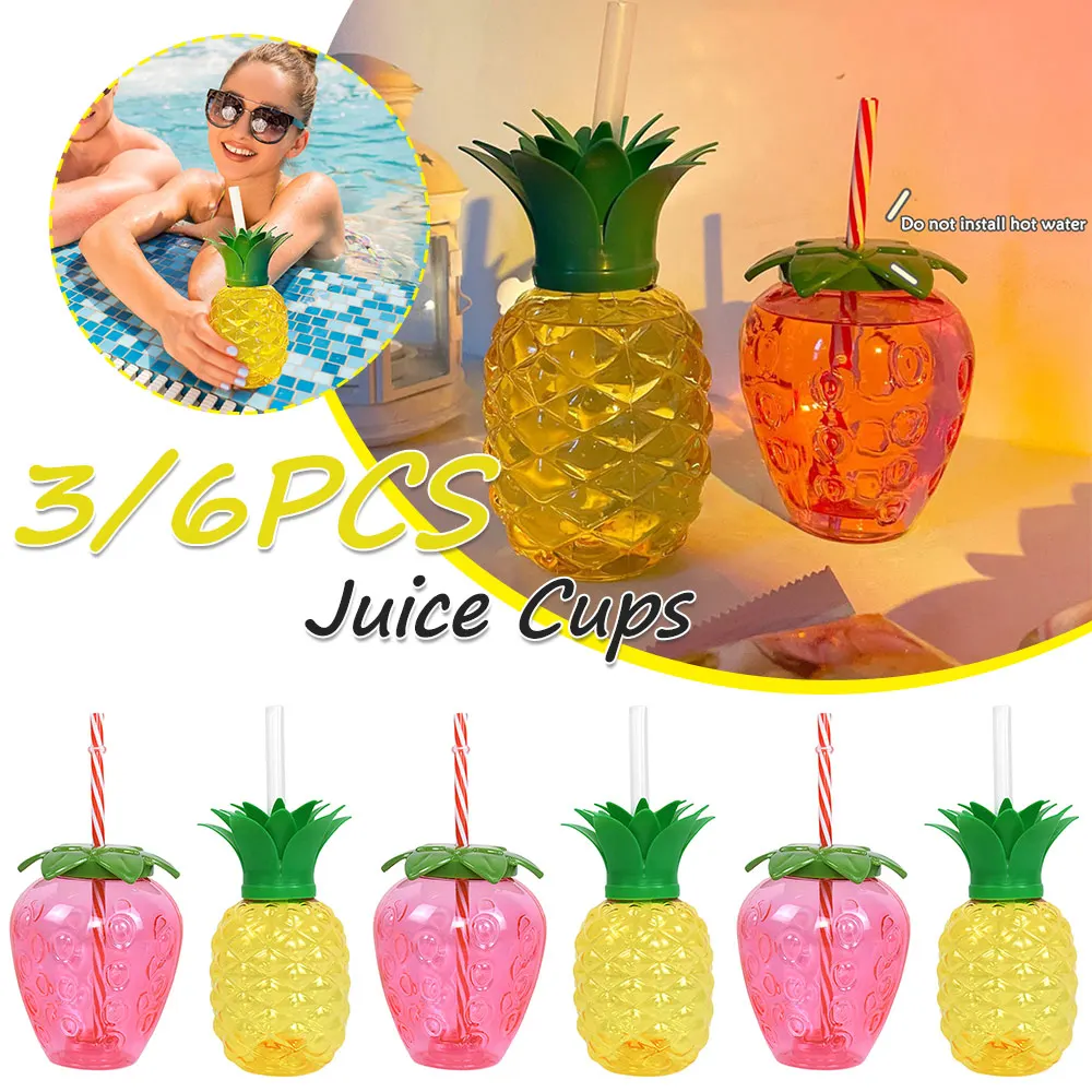 3/6pcs Hawaiian Summer Party Cup with Straw Pineapple/Strawberry Shape Tropical Summer Cups Creative Beach Party Favors
