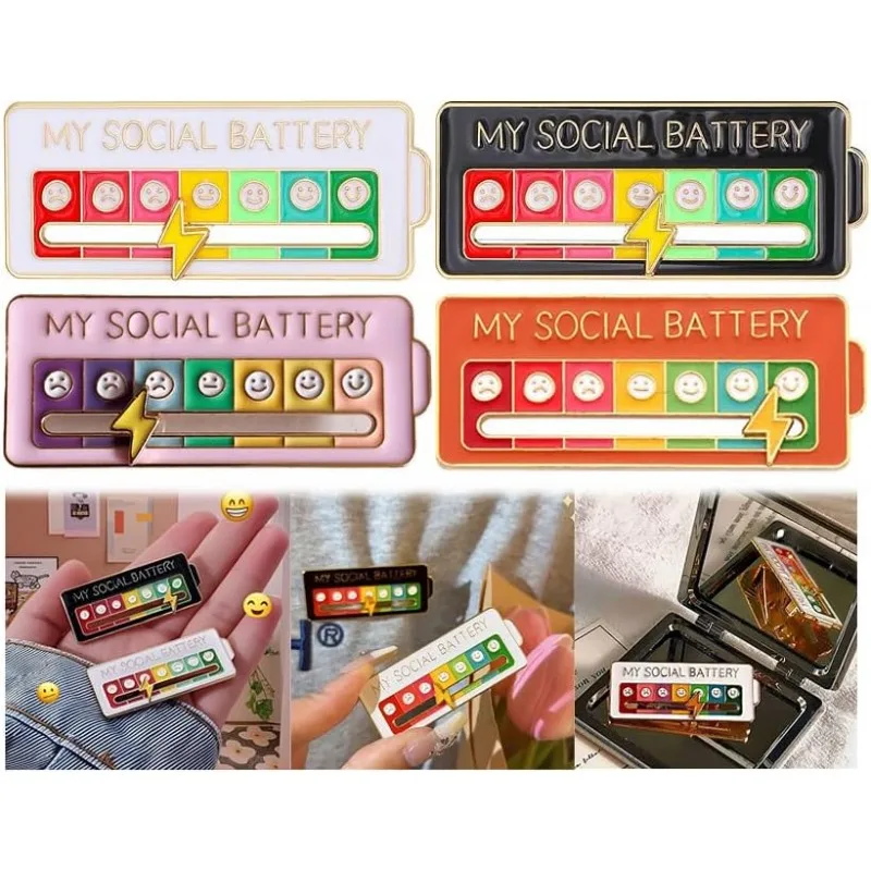 

2/4PCS My Social Battery Pins for Women Men Slideable Mood Conversion Expression Brooch Funny Creative Gifts Pin Bateria Social