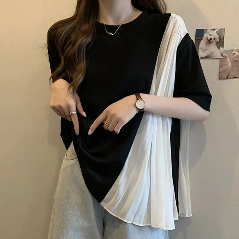 Korean Large Size Summer Women Contrasting Colors Pleats Chiffon Patchwork Short Sleeve Round Neck Loose Office Lady T-shirt