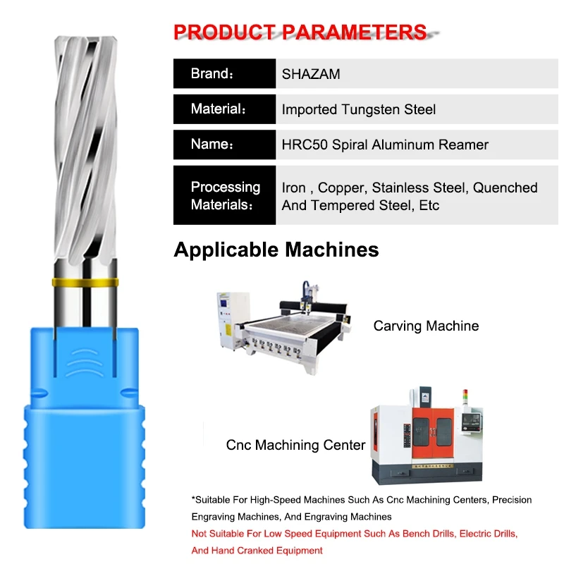 SHAZAM 1.0mm-12mm 50~80Long HRC50 Tungsten Steel Carbide For Aluminum Spiral Reamers For CNC Machining Center Reamer Tools