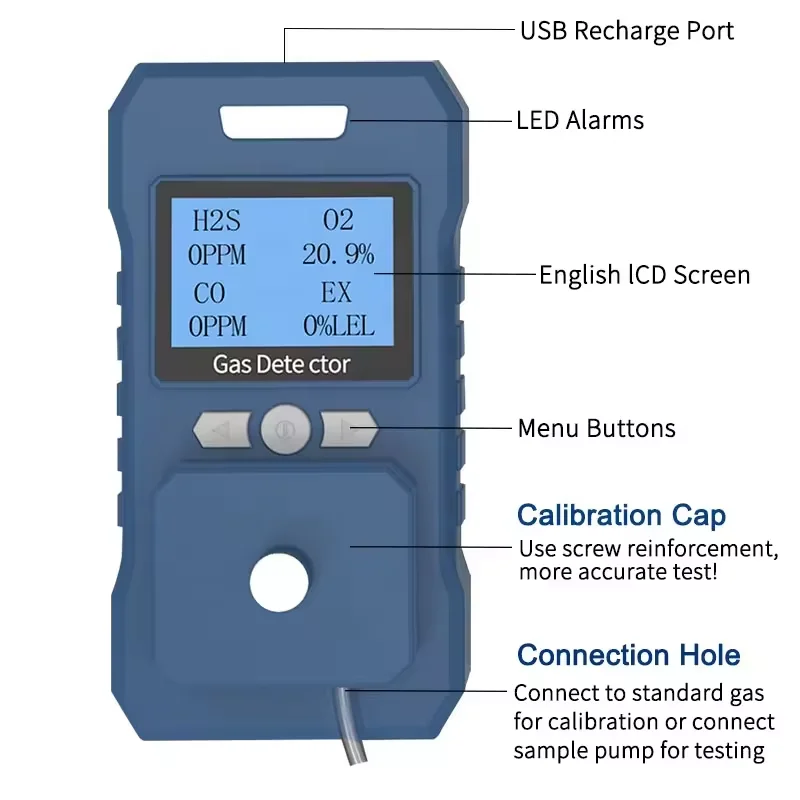 Detector de ar combustível portátil H2S Co O2 4 em 1 com micro clipe e alta precisão