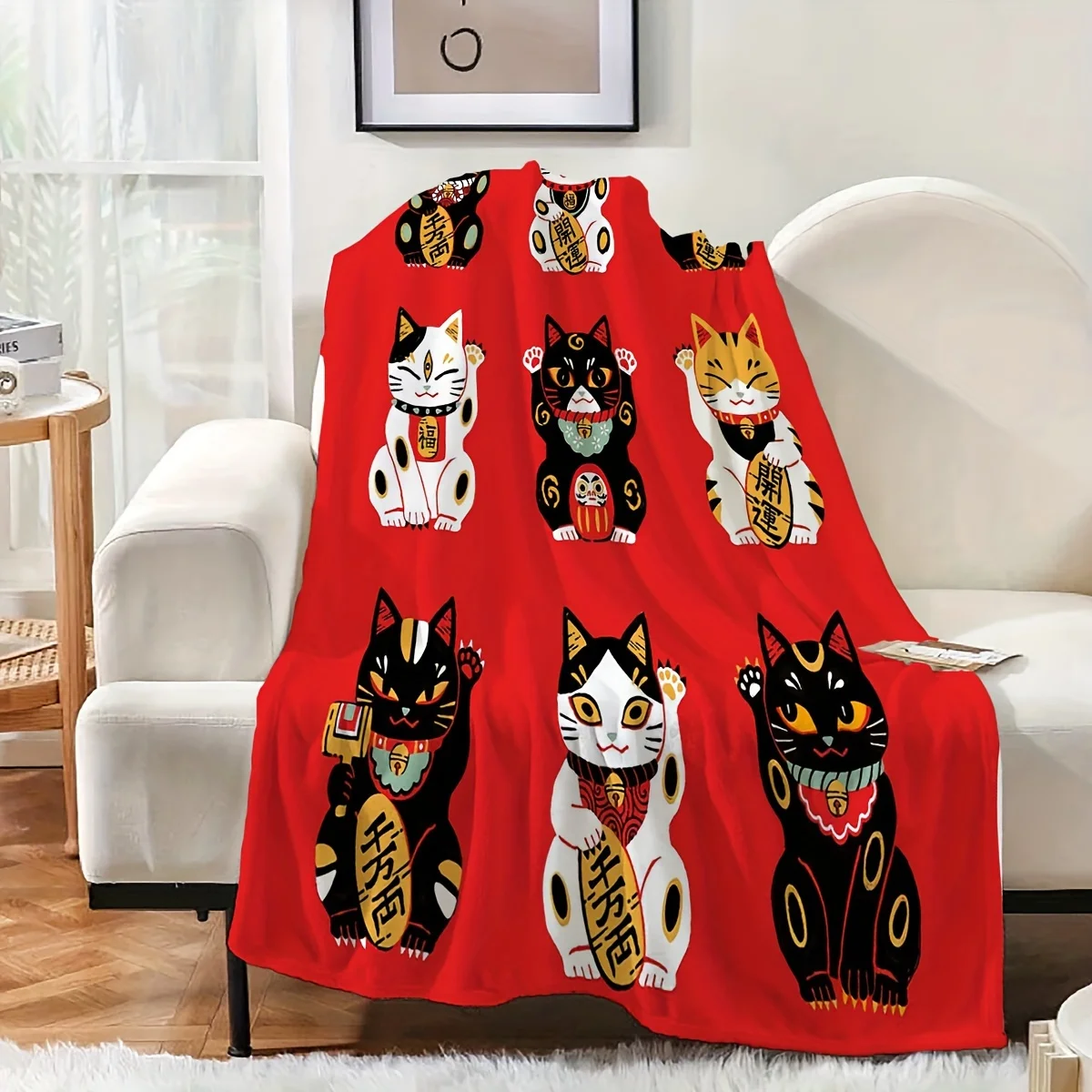 Red Zhaocai Cat Print Flannel Blanket - Reversible Throw for Sofa, Bed, Nap | Machine Washable Multi-Size Cozy Home Decor