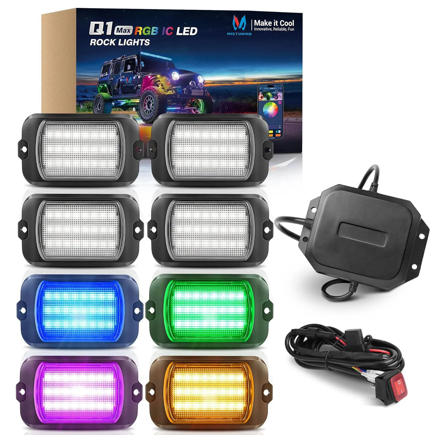 Luces LED RGB+IC MICTUNING 1000% Bright Q1 MAX, 192 LED, 8 módulos, kit de iluminación neón Dreamcolor para la parte inferior de la carrocería