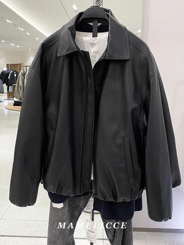 

MAMELICCE Original design Minimalist casual collar faux leather jacket for men short leather coat loose tops jacket man jackets