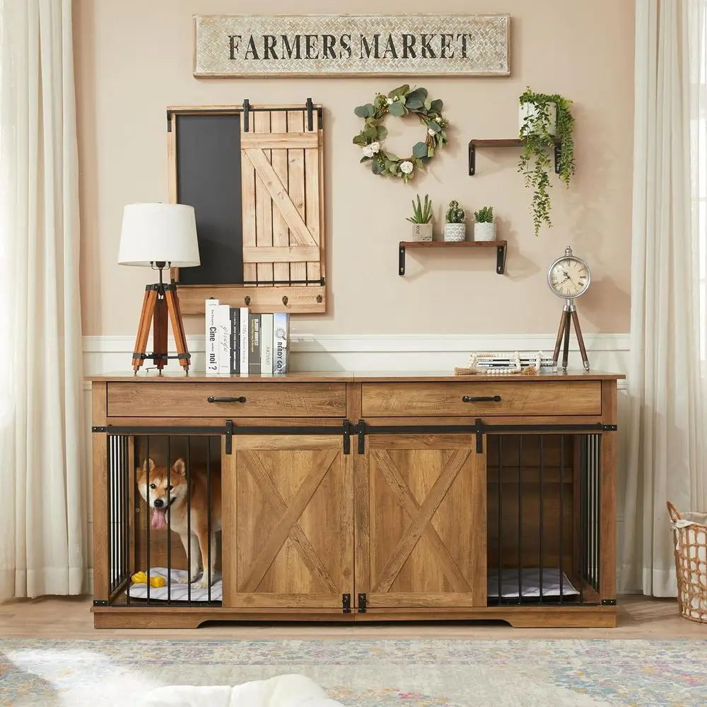 

XXL Wooden Double Dog Crate for Large Breeds, Barn Door Style, Removable Divider, Water-Resistant, Built-in Drawers, Rustic Oak