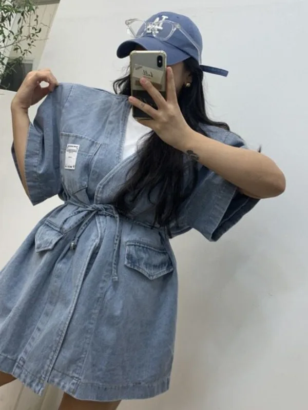 Loose Short Sleeve Tie-Dye Denim Shirt Women's Style Spring Autumn Winter Casual Korean Fashion Inner Wear Regular Fit