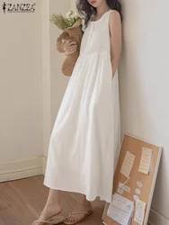 2024 Summer Sleeveless Pleated Vestidos ZANZEA Holiday Solid Long Dress Korean Fashion Loose Sundress Casual Beach Tank Dresses
