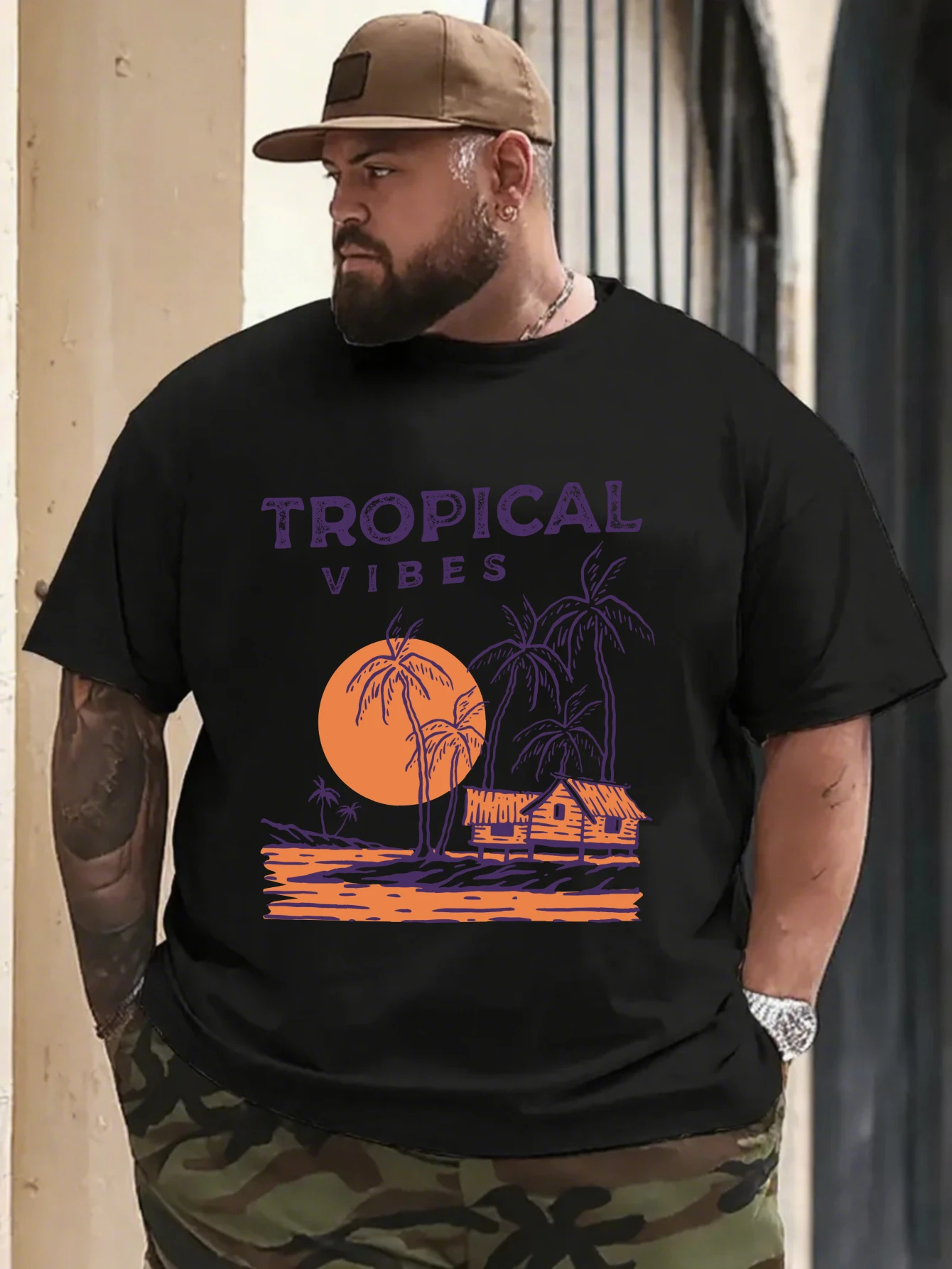 

Vintage Tropical Pumpkin Graphic T-Shirt for Men, Summer Halloween Short Sleeve Tee, Casual Tropical Print Tops