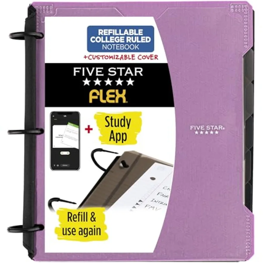 

Flex Refillable Notebook + Study App, College Ruled Paper and 1 Inch TechLock Ring Binder with Customizable Cover, Pockets, Tab
