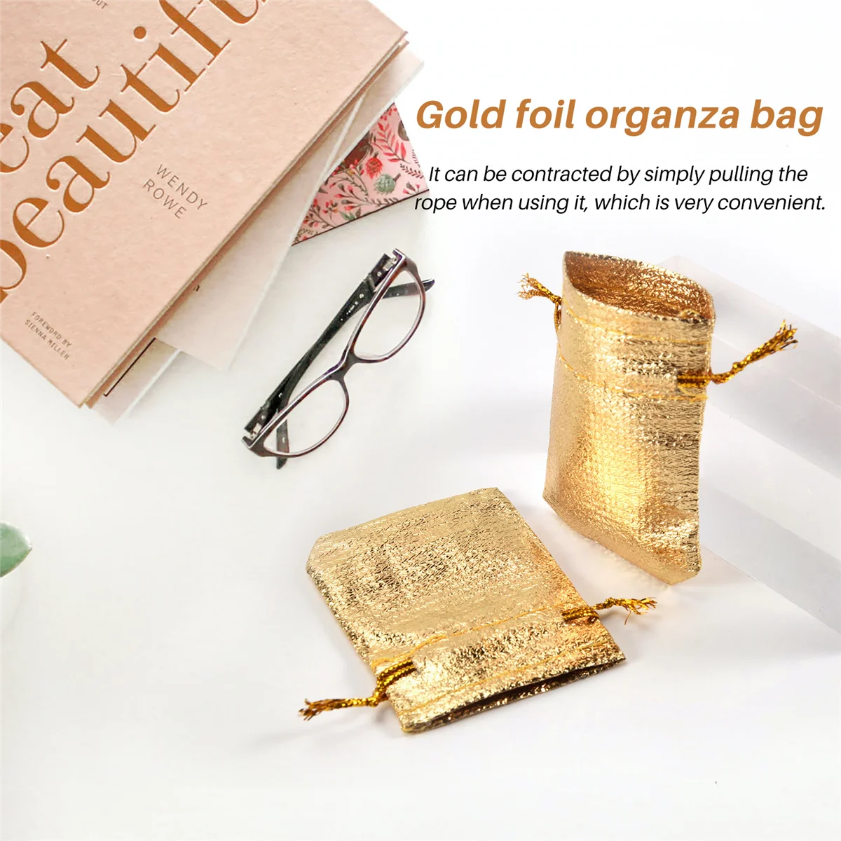 100 шт., сумка из органзы из золотой фольги, подарочные пакеты для конфет, свадебный подарочный пакет, подарочная упаковка, сумка на шнурке 5x7 см