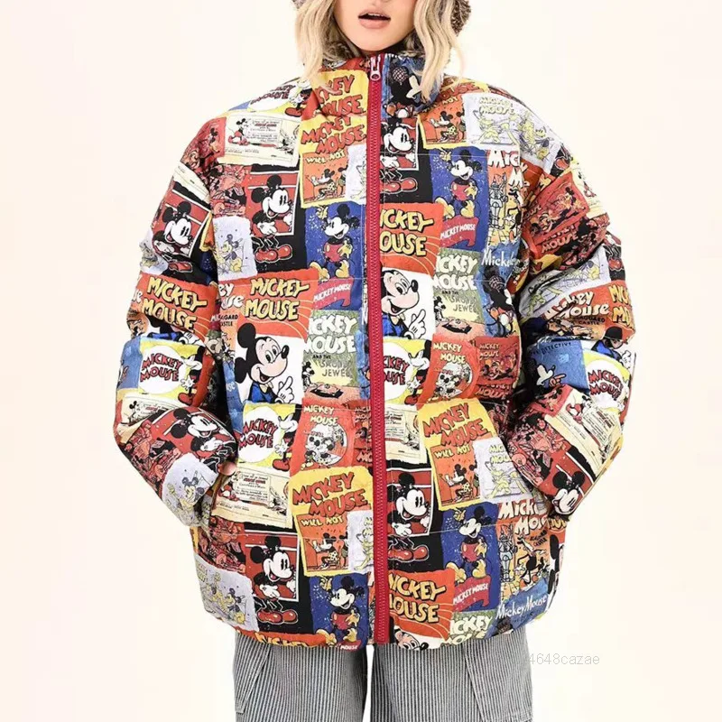 Disney Mickey American Style Cartoon Full Print Cotton Coat Men Women Stand Up Collar Cotton Jacket Winter Versatile Couple Coat