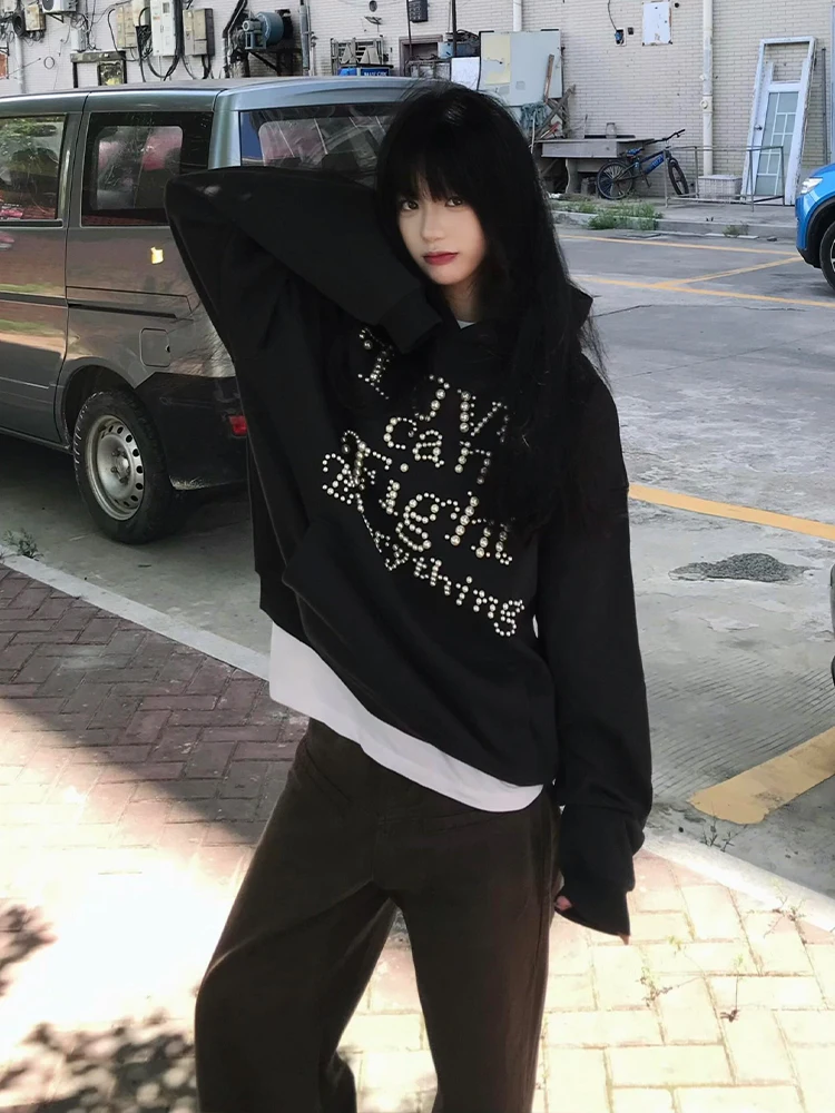 

American High Street Heavyweight Pearl Hoodie Women's New Sweet Spicy Girl Design Loose Couples Top Trendy Long Sve Cotton...