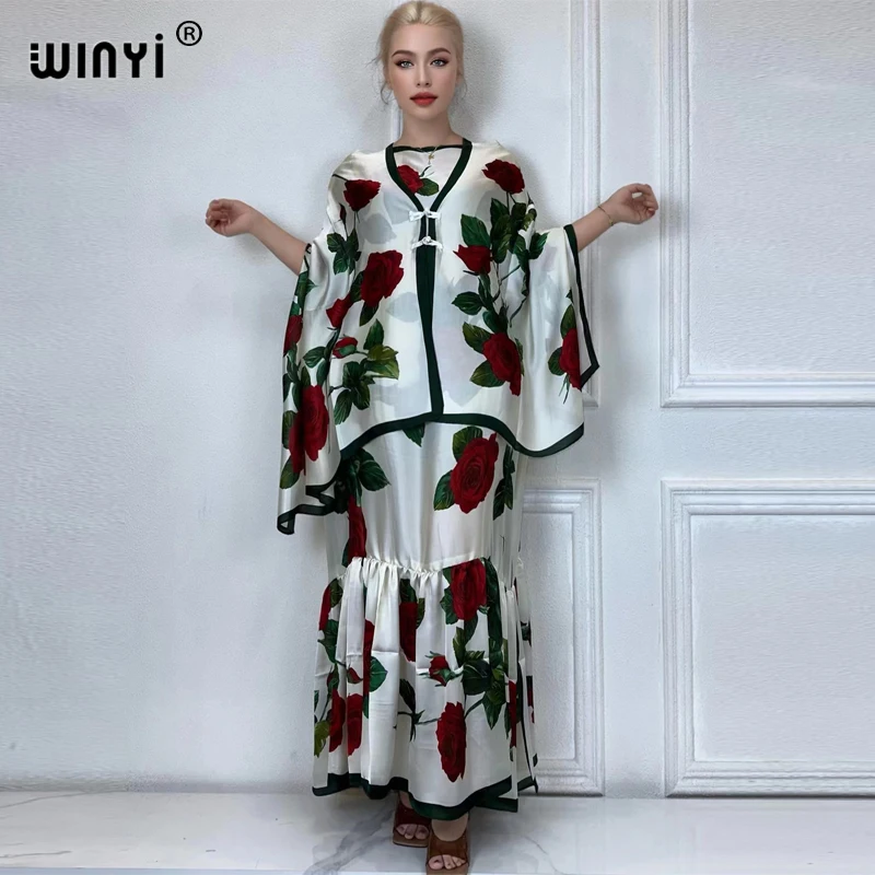 WINYI summer Elegant Fashion evening dress abaya muslim woman abaya dubai luxury Female loose Print kaftan with scarf two pcs