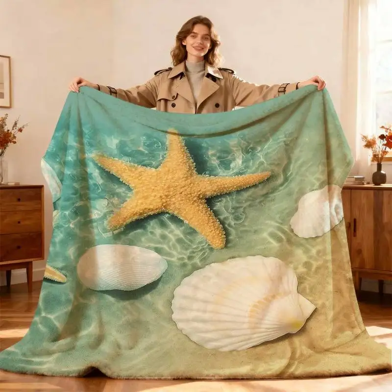 

Плед с изображением морских звезд и ракушек, мягкий фланелевый плед для дивана, кровати, подарок для любителей пляжа и летнего домашнего декора