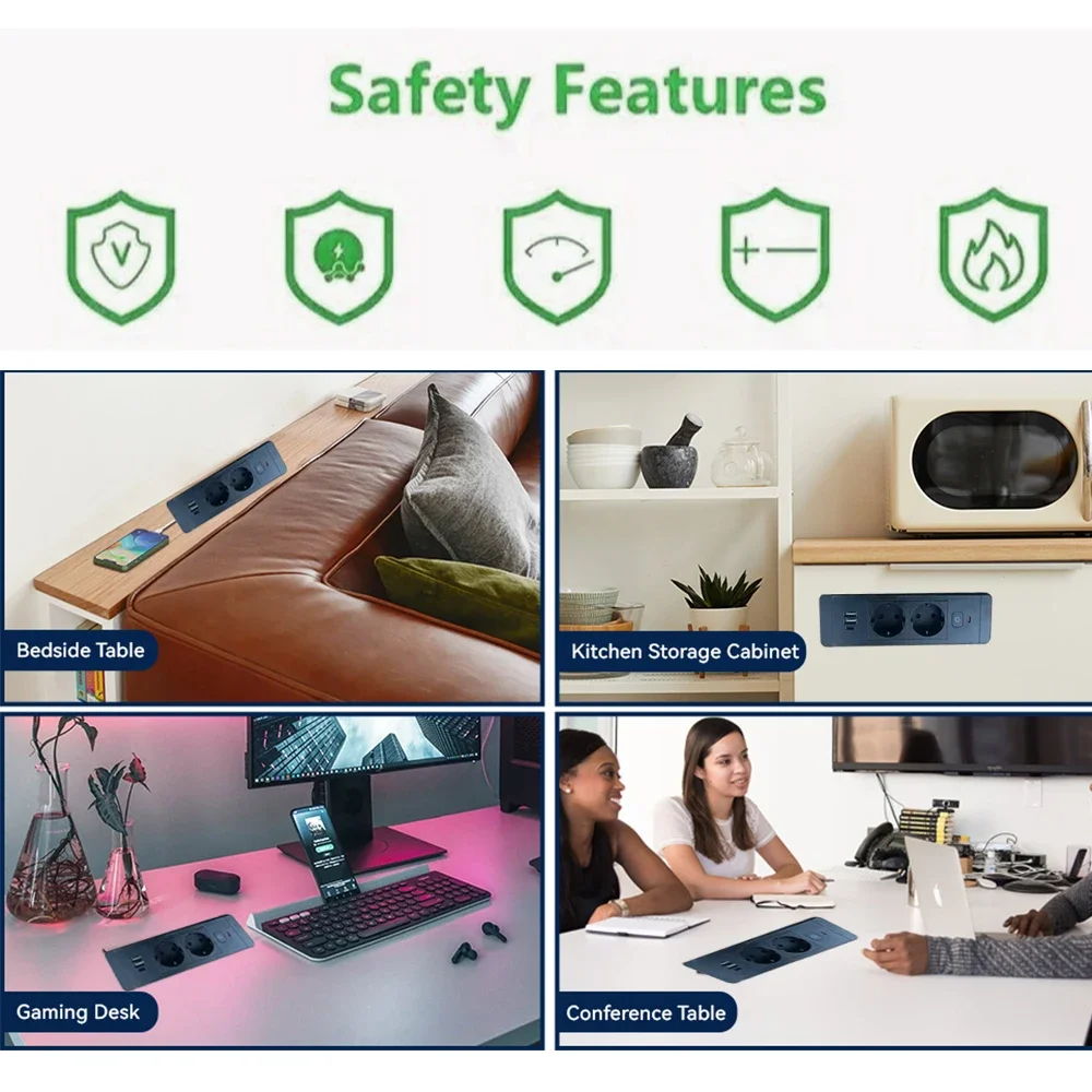 مآخذ غائرة لطاولة الاتحاد الأوروبي KR France 2 USB-A 1 Type-C PD مدمجة في مخرج طاقة مخفي لسطح المكتب مع تمديد للمطبخ المكتبي #6